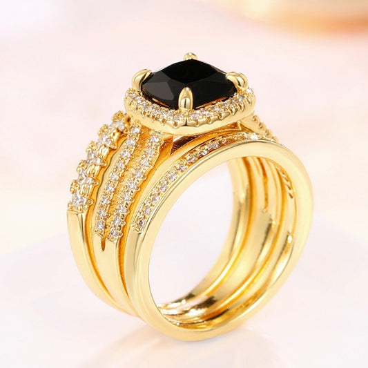 Huitan Elegant Cushion Black Cubic Zirconia Set Rings /Luxury 3Pcs, Modern Design Wedding Ring