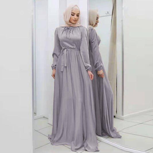 Hijab Satin Dress Ramadan Muslim Fashion Belted Abaya Dubai Turkey Arabic African Maxi Dresses for Women Islam Clothing Robes