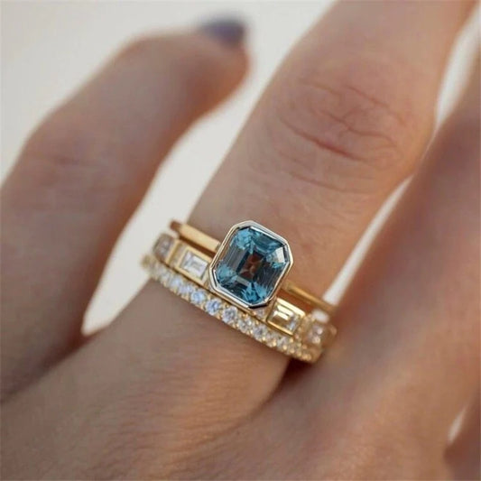 Huitan Geometric Blue Cubic Zirconia Trendy Set Rings for Women Gold Color Luxury Wedding Accessories 3Pcs Set Jewelry Drop Ship