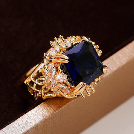 Huitan Gorgeous Dark Blue CZ Ring for Women/ Dazzling Flower Design Aesthetic Women's ring