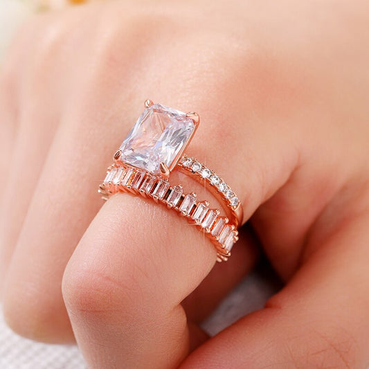 Huitan Exquisite Rose Gold Color 2Pcs Set  Rings for Women / Luxury Cubic Zirconia Wedding Engagement Rings