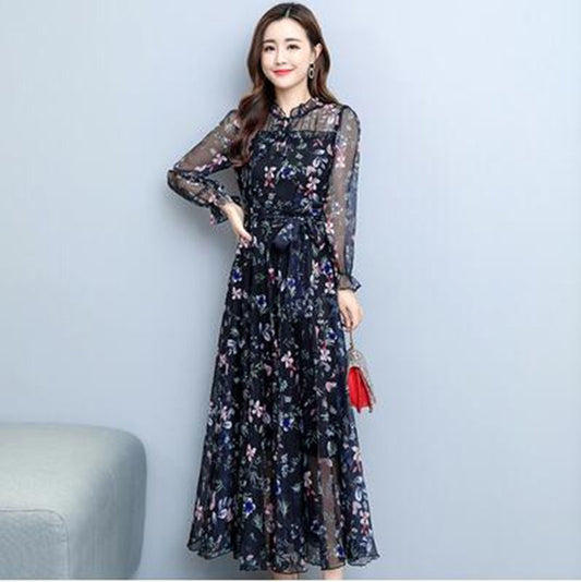 Long-sleeved Floral Chiffon Super Fairy Waist Beach Big Swing Dress