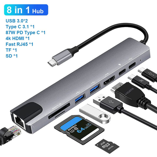 USB C Hub 8 In 1 Type C 3.1 To 4K HDMI Adapter with RJ45 SD/TF Card Reader/ PD Fast Charge for MacBook, Notebook, Laptop Computer