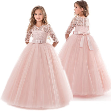 Girls Wedding Princess Dress For Kids / Elegant Long Sleeve Bridesmaid, Birthday Party Ball Gown Children Pageant Vestidos