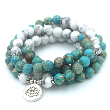 Fashion Women Bracelet 108 Mala Bracelet / Howlite Natural Stone With Lotus Charm Bracelet