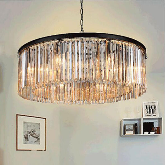 American Vintage Black Metal Gray / Amber / Clear Crystal Round Pendant Light Luster K9 Tubular Crystal Hotel Hanging Light