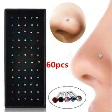 60pcs/set 1.8mm Nose Studs Stainless Steel Nose Hoop Nose Ring Stud Body Piercing Labret Jewelry Punk Style