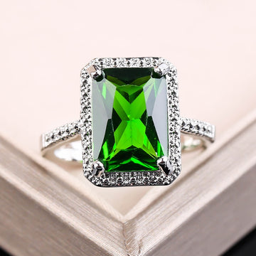 Large Green Stone Bright Ring Square Silver Color Rings Women Anniversary Birthday Party Commitment Jewelry Anillos Mujer F5C146