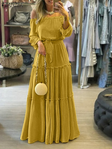 ZANZEA Fashion Off Shoulder Vestidos Female Lace Up Belted Long Maxi  Dress