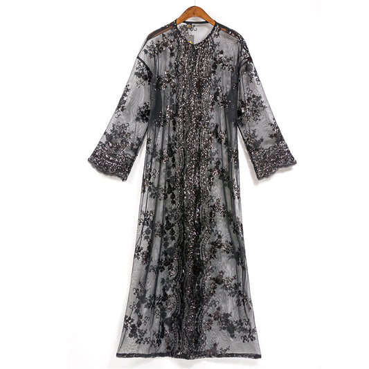 Floral Sequin Abaya Kimono Cardigan Hijab Muslim Dress /Turkish Islamic Clothing Abaya For Women / Dubai Kaftan Robe Islam Caftan