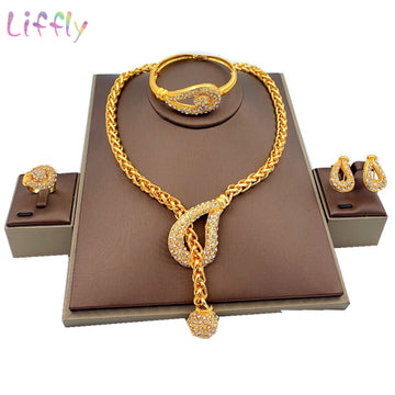 Liffly Luxury Dubai Gold Jewelry Sets ( Beads Necklace, Earring, Bracelet) For Women