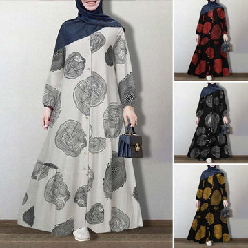 ZANZEA Vintage Floral Printed Sundress Long Sleeve Loose Maxi Long  Hijab Dress