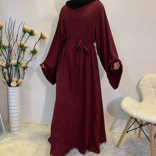 Muslim Fashion Hijab Long Dresses for Women With Sashes Solid Color.