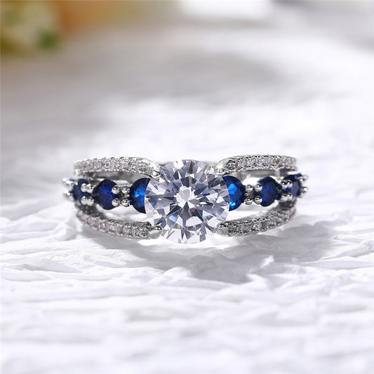 Huitan Special-interest Wedding Rings Women / Blue/White Round CZ Novel Designed Female Party Ring