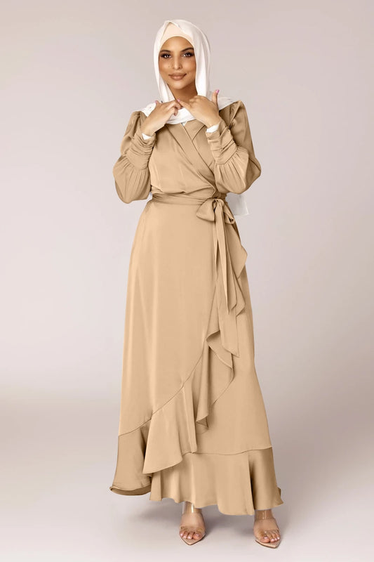 Shiny Soft Silky Muslim Dress Satin Abaya With Belt