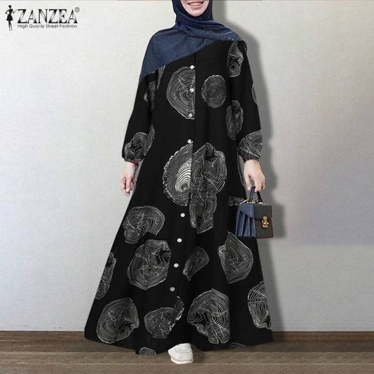 ZANZEA Vintage Floral Printed Sun dress for Women / Long Sleeve Loose Maxi Long Vestido Kaftan