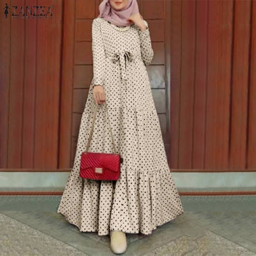 ZANZEA Women Polka Dot Long Sleeve Dress / Stylish Belts Party Robe Loose Maxi Dress Abaya Hijab