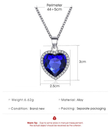 New Simple Titanic Heart of Ocean Necklace / Blue Crystal Love Heart  Pendant Necklace For Women