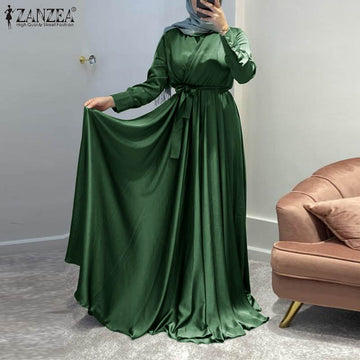 Loose Elegant Clubbing Long Dress Muslim Fashion ZANZEA Women Full Sleeve Dresses Casual Muslim Belted Party Robe Abaya Kaftan