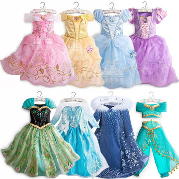 Disney Princess Party Dress for Girls/ Frozen Elsa Jasmine Rapunzel Costume for Girls