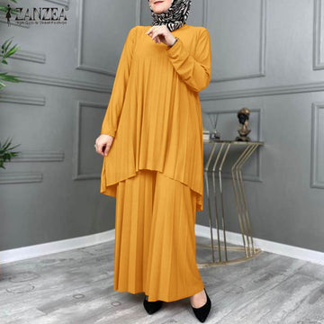 ZANZEA Women Muslim Sets Islamic Clothing Plain Suits/Pleated Full Sleeve Tops Wide Legs Long Pants Oversized