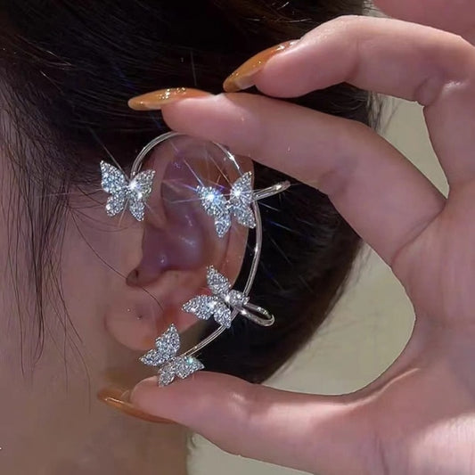 Silver Plated Metal Leaf Butterfly Clip Earrings for Women / Ear Clips Without Piercing Sparkling Zircon Ear Cuff Fashion Jewelry