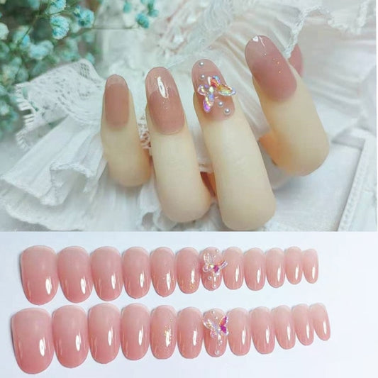 24Pcs/box Full Cover Short round press on nails/ Pink Dripping Shape Heart Bride nail tips Wearable Fake Nail with Glue for girls