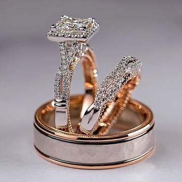 Huitan Gorgeous Women/Men Wedding Set Rings / Mosaic AAA CZ Two Engagement Rings