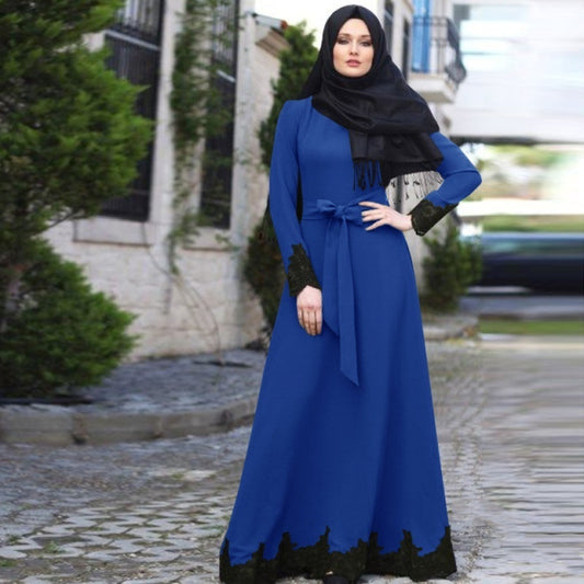 WEPBEL Muslim Dress Elegant Kaftan  Abaya / Turkish Robes Long Sleeve Islamic Clothing with Belt