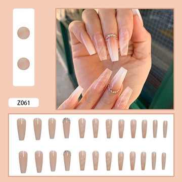 24pcs full cover nails Nude Gradient Nail Patch Rhinestone Inlaid Glue Type Removable Nail Cover