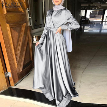 ZANZEA Women Long Sleeve Casual Dress/ Belted Party Robe Abaya Kaftan Loose Elegant Dress